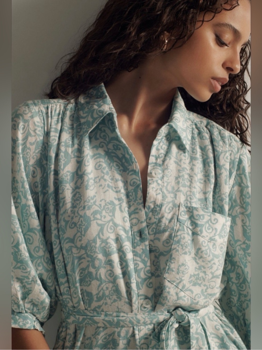 Maeve Anthropologie Irene Linen Shirt Maxi Dress Mint Green Floral XL - Picture 4 of 16